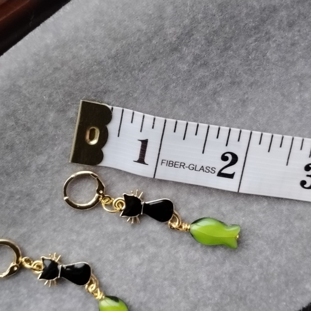 Hand Crafted Black Enamel Cat and Fish Earrings - Picture 4 of 4